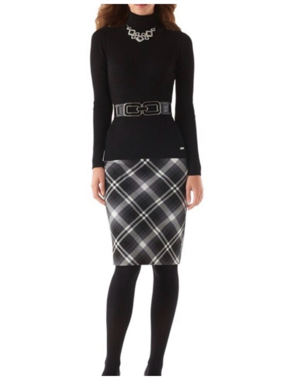 NWT WHBM  Plaid Pencil Skirt - Black and White
